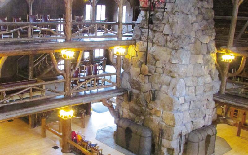The style of Old Faithful Inn features post-and-beam construction common during the early days and referred to as “national parketecture.”