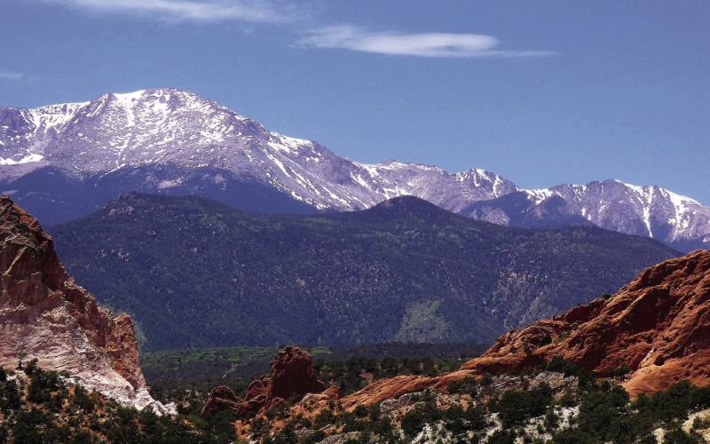 The “purple mountain majesties” of Pike’s Peak with the Garden of the Gods in the foreground.