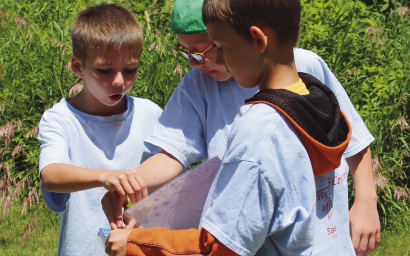 Boys looking at maps at the park