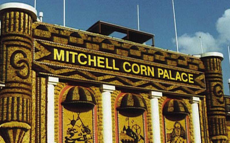 The entire surface of the Corn Palace is covered in mosaics created annually from corn.