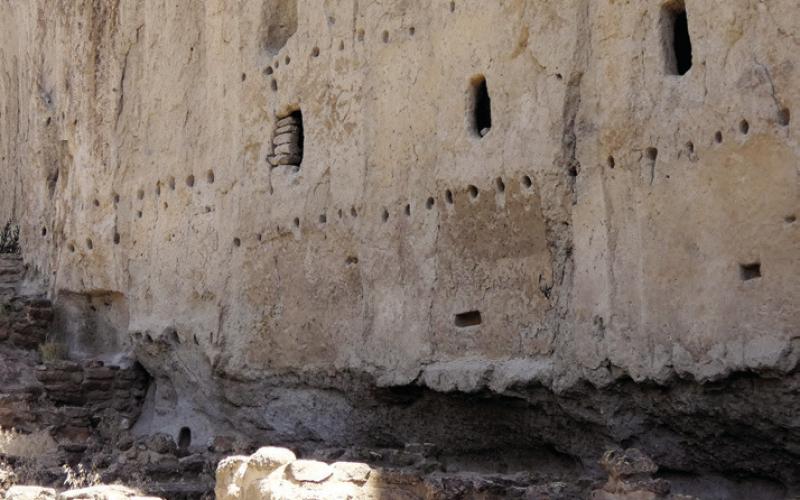 Notice how supports for roof beams were carved in the Tuff. The dwellings along this stretch have collapsed, but two levels were obviously here at one time.