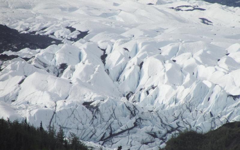 In Alaska, where there are long, wide pullouts on the highways, we spent the night at Matanuska Glacier. Had the place all to ourselves.