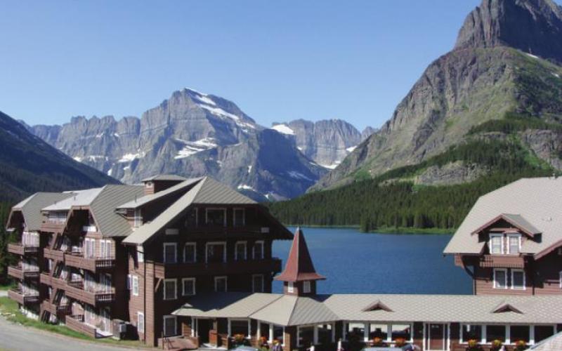 The timber-frame lodge at Many Glacier offers outstanding views of Grinnell Point across Swiftcurrent Lake.