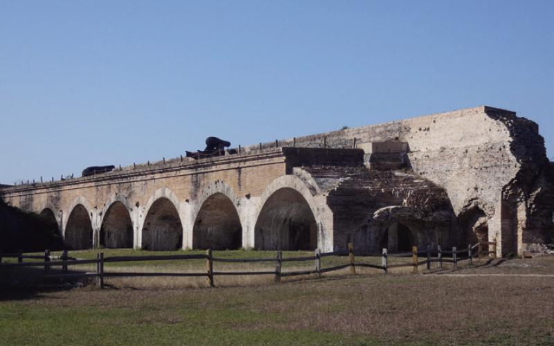 Notice the damaged end of the Fort Pickens wall. When 8,000 pounds of gunpowder accidentally explodes, it can leave a mark.