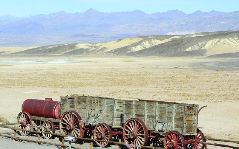 The 20-mule-team wagons hauled 10 tons of ore and pulled 12,000 gallons of water to the railhead 165 miles away in Mojave, CA. It took a month to make the round trip.