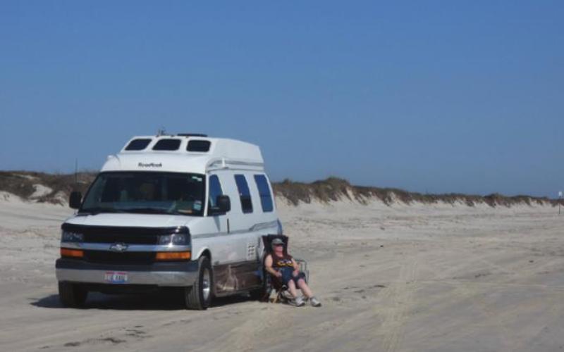 We don’t object at all to camping right on the beach at Padre Island even though we have to go to sleep to the sound of surf and the calls of sea birds.