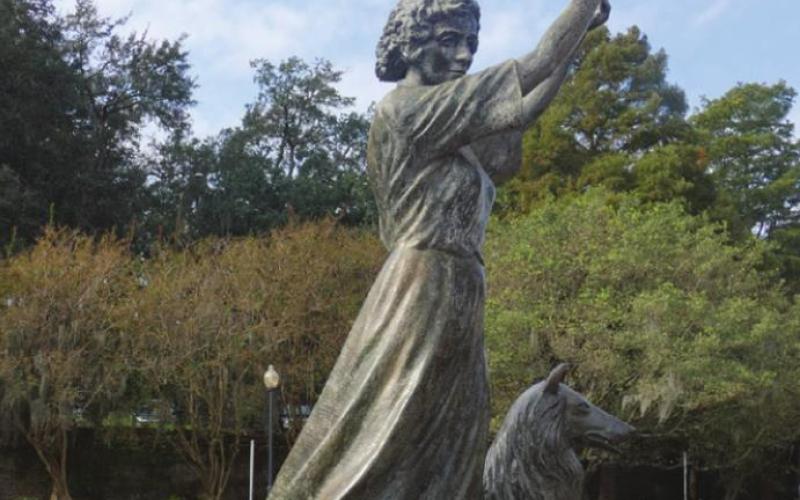 Florence Martus, Savannah’s “Waving Girl,” is memorialized at the end of River St. It is said that she greeted every ship entering Savannah Harbor, towel by day and lantern by night, for 44 years beginning in 1887.