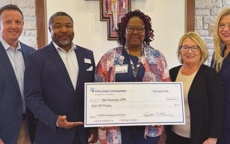 Pictured are, from left: Casey Howard, Vice President, Marketing and Communications, CHI Living Communities; Prentice Lipsey, President and CEO, CHI Living Communities; Kim Duncan, LPN, Franciscan Care Center; Barbara Snodgrass, Regional Clinical Director, CHI Living Communities; Dianne McFarland, Vice President, Clinical Operations, CHI Living Communities.