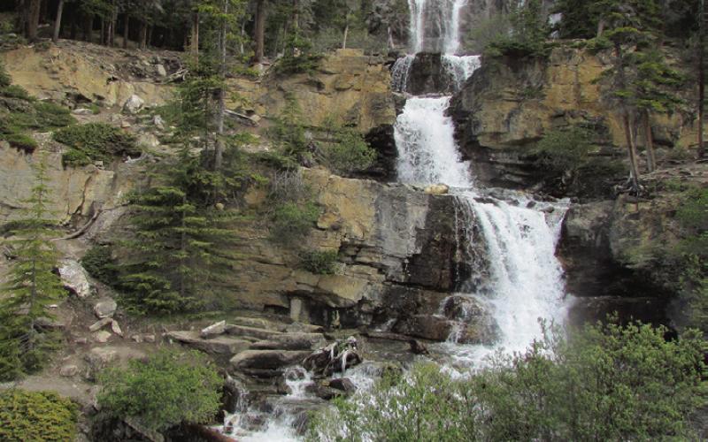 Ragged Creek Falls is right along the Icefields Parkway, as are numerous others when snowmelt pours off every mountain.
