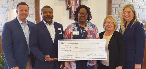 Pictured are, from left: Casey Howard, Vice President, Marketing and Communications, CHI Living Communities; Prentice Lipsey, President and CEO, CHI Living Communities; Kim Duncan, LPN, Franciscan Care Center; Barbara Snodgrass, Regional Clinical Director, CHI Living Communities; Dianne McFarland, Vice President, Clinical Operations, CHI Living Communities.