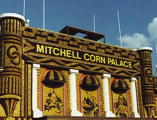 The entire surface of the Corn Palace is covered in mosaics created annually from corn.