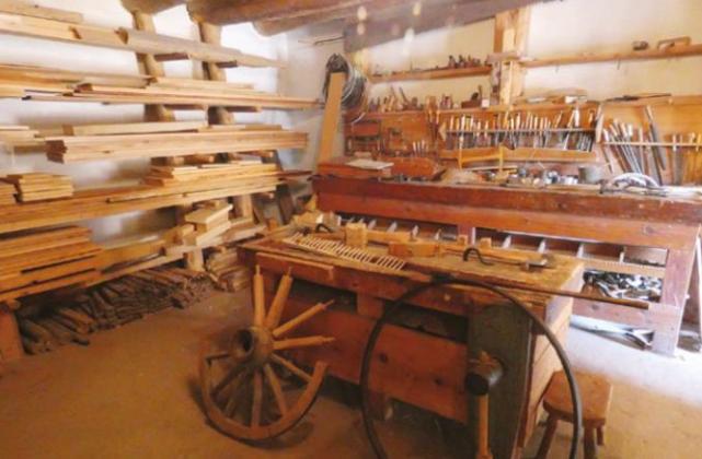 The well-equipped carpenter’s shop was the source of vital repairs for wagons and other equipment.