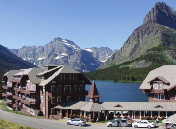 The timber-frame lodge at Many Glacier offers outstanding views of Grinnell Point across Swiftcurrent Lake.