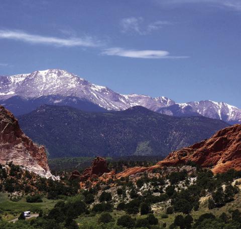 The “purple mountain majesties” of Pike’s Peak with the Garden of the Gods in the foreground.